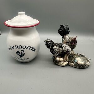 Farmhouse White Jar with Red Trim and Rooster Design